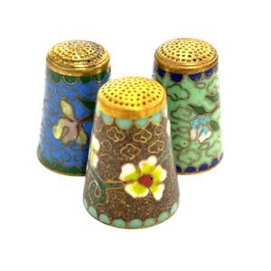 Vintage NOS Chinese Cloisonne Thimbles (3) multicolor enamel flowers on brass